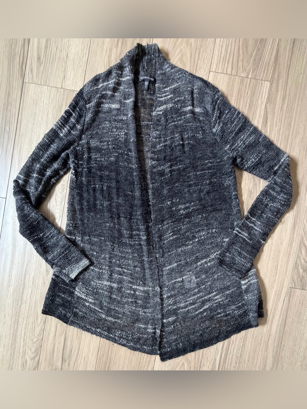 Eileen Fisher XS Wool Blend Light Weight Knit Draped Cardigan Black/Gray